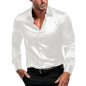 Chemise &agrave; manches longues en satin de soie brillante pour homme avec &eacute;lastique &agrave; manches longues en polaire pour homme, blanc, XL (AQVpfhvvk, neuf)