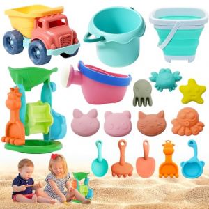 Jeux de Plage,17 PC Kit de Jeu de Plage Enfant avec Seau Plage Pliant,Ensemble Jeux Jouet Bac a Sable,Jouet de Plage avec Sac en Filet (EL Group, neuf)
