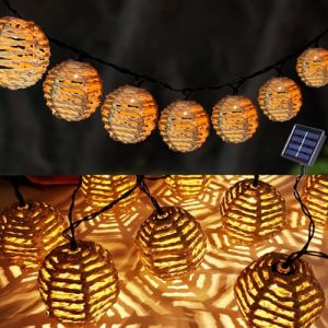 Guirlande Lumineuse Solaire,10 Boules en Rotin LED Solaire Lumineuse,8 Modes Lampe à Boule Solaire en Rotin pour l'extérieur,Guirlande Lumineuse Exterieure,Blanc Chaud Lumineuse Solaire d'extérieur (ZonQ, neuf)