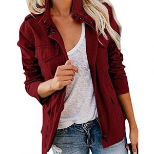 SDGR Veste Femme mi Saison Printemps Militaire Manteau Blouson en Coton Kaki Jacket avec Poches Casual Parka Veste Saharienne Legere Décontracté Outwear Zipper Grande Taille (SDGR Fashion, neuf)