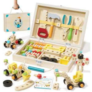 Lehoo Castle Caisse a Outil Enfant Jouet en Bois Jouet 3 4 5 Ans Fille Garcon, 29 Pi&egrave;ces Boite a Outils &Eacute;tabli Enfant, Jeu de Construction Jeux Educatif 3 Ans+ (KWANITHINK EU, neuf)