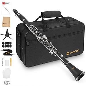 clarinette sib,pour débutants et professionnels 17 clés,nickelées,pack clarinette avec 4C bec,10 anches, nécessaire de nettoyage, baume pour lèvres, étui rigide, support et gants de protection Noir (Gechi Shop, neuf)