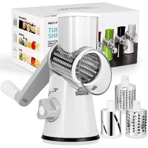 Diealles Shine Râpe à fromage avec manivelle, râpe à légumes avec 3 lames interchangeables en acier inoxydable, râpe à tambour manuelle, coupe-légumes, idéale pour les concombres, fromages et noix (Bei_uns_online_store, neuf)