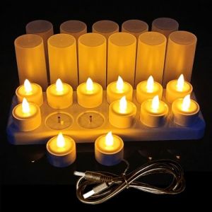 Bougies chauffe-plat rechargeables,12 bougies rechargeables LED Bougies à piles sans flamme avec station de charge,câble USB et tasses à bougies pour Pour Décoration de Noël,Halloween (QSPORTPEAK Direct, neuf)