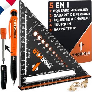 THORVALD 5 en 1 Equerre Menuisier 180 mm + Crayon Chantier - Multifonction : Trusquin/Raporteur/Gabarit de percage/Equerre a chapeau - Aluminium - Outil pour gagner du temps (Thorvald France, neuf)