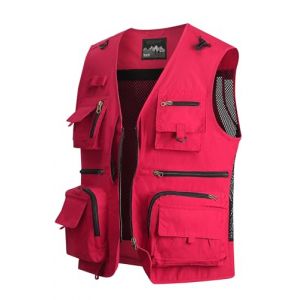 MeiLayM Homme Gilet de pêche Veste Plein air Gilet Été Multi-Poche Gilet Séchage Rapide Gilet de Sport Veste Loisirs Respirant Sans Gilet Manches Camping Chasse Photographie Veste Rouge,L (MeiLayM, neuf)