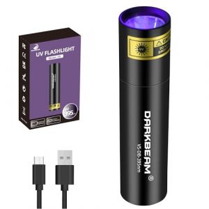 DARKBEAM Lampe Torche UV 395 nm Lumière Noire, Mini Lampe de poche puissante USB rechargeable Lampe de Wood LED ultraviolette Détecteur pour d'urine, pour ambré, verre d'uranium, résine à polymériser (DARKBEAM, neuf)