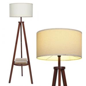 YU YUSING Lampadaire sur Pied Salon avec Étagère 157cm, Lampadaire Chambre Trépied, Lampe Salon Design avec Abat-jour en Lin Beige, Lampe Lecture Douille E27, Bois, Bureau, Marron(Sans Ampoule) (YuSing, neuf)