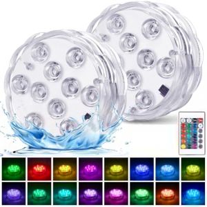 Lot de 2 lumières LED submersibles alimentées par piles, lumières RVB multicolores changeantes étanches pour piscine, vase, spa, aquarium, étang, jacuzzi, décoration, fête (X-Fly Tech, neuf)