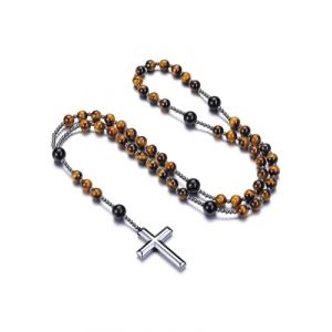 Jovivi Chapelet catholique - Collier œil de tigre obsidienne avec hématite et croix - Chaîne de prière en pierre précieuse - Bijoux pour homme et femme, taille unique, Gemme (kaenmis, neuf)