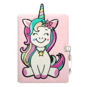 EXERZ Journal Licorne avec Cadenas &ndash; A5 Carnet Peluche Rose 22 x 16 cm &ndash; Bloc-notes Secret avec Cl&eacute; &ndash; Id&eacute;al pour les Filles, &Eacute;cole, Cadeaux (Exerz, neuf)