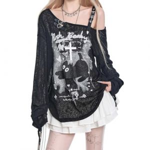 T Shirt Femme Manches Longues Y2K &eacute;paule d&eacute;nud&eacute;e Anime &agrave; Trou Dentelle Imprim&eacute; Large Gothique Harajuku Grunge Streetwear (Shengchuan E-commerce co.,ltd, neuf)