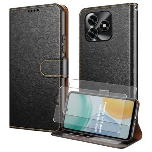 WQRTYJK Coque pour Honor X5C Plus/Honor X5C avec 2 * Verre Tremp&eacute;, Etui Protection Housse Premium en Cuir PU,[RFID Blocage][Emplacements Cartes][Multifonctionnel] Magn&eacute;tique &agrave; Rabat Flip Case - Noir (Pretyj, neuf)