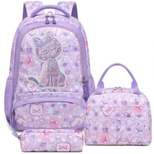 Kimwadalh Cartable Fille 3D Broderie Chat Sac à Dos Primaire Sac à Dos Chat Sets Sacs Scolaires Enfant Fille CE1 CE2 + Isotherme Panier Repas + Trousse (Shinetone, neuf)