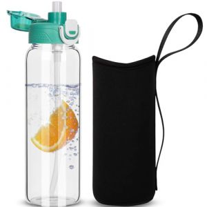DEARRAY 0.8l Gourde en Verre avec Paille, 800ml Bouteille d'eau en Verre Borosilicaté Anti-fuite avec étui de Protection en Néoprène (smaiteltd, neuf)