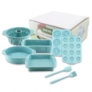 TOKSEO 8 en 1 Moule Gâteau Silicone Antiadhésif, Moules à Muffins, Rectangulaire/Carré/Bundt Cake/Rond/Beignets Avec Grattoir à Pâte et Pinceau de Cuisson (ASJ Direct, neuf)