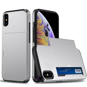 Beajew Coque Portefeuille pour iPhone X/iPhone XS avec Porte-Cartes, &Eacute;tui de Protection T&eacute;l&eacute;phone Double Couche Antichoc, Fente Cach&eacute;e Coulissante, Antichoc TPU+PC Housse Portefeuille - Argent (KSTFMY, neuf)