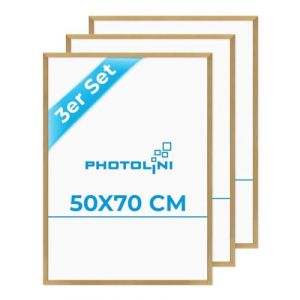 Photolini Lot de 3 Cadres 50x70 cm Moderne Or en MDF avec vitre en Acrylique Comprenant Accessoires/Collage de Photos/galerie d'images/Multi Cadre Photo Mural (PHOTOLINI, neuf)