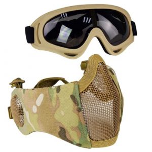 Aoutacc Kit de Protection Airsoft avec Demi-Masque en Maille avec Protection des Oreilles et Lunettes - pour CS/Chasse/Paintball/Tir, CP (MeiLu, neuf)
