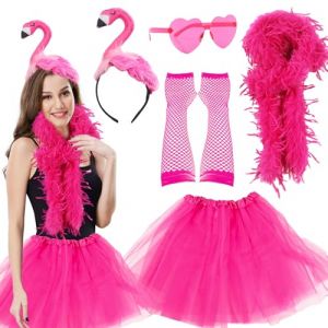 JWTRSVTY 5Pcs Déguisement Flamant Rose Adulte, Costume Flamant Rose Femme, Flamingo Costume Set avec Bandeau Flamant,Jupes Tutu,2M Boa En Plumes,Lunettes Amour,Gant, pour Flamant Thème Fête Accessoire (Treasures-EU, neuf)