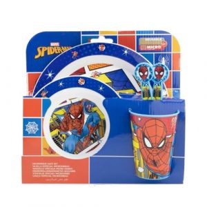 My sweety pop - Set de vaisselle pour enfant - coffret repas - ensemble 5 pi&egrave;ces - Assiette - Bol - Verre - Fourchette &ndash; cuill&egrave;re (Spiderman) (Mon jouet pr&eacute;f&eacute;r&eacute;, neuf)