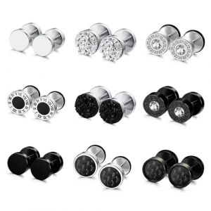 JENCVNL 9 Paires Boucle D'oreille Homme, 8mm Acier Inoxydable Clous d'Oreilles Rond Noir Argent Clou Boucles d'oreille Faux Goujons d'Oreilles Barbell Bouchons d'Oreilles pour Homme Femme (Yinker Port, neuf)