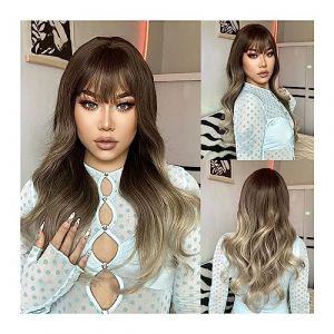 Perruques, Ombre brun blond long ondulé synthétique perruques avec frange naturel gris frêne perruque de cheveux for les femmes quotidien cosplay résistant à la chaleur,Perruques pour couvrir la calv (tanjianbo, neuf)