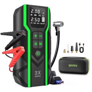 Booster Batterie Voiture 6000A, D&eacute;marreur de Batterie de Voiture Portable 160PSI Gonfleur Pneus, 12V (Applicable 10L Essence/Diesel) &Eacute;cran LCD avec C&acirc;bles de D&eacute;marrage Intelligents, &eacute;cran LCD (QEIFEII -EU, neuf)
