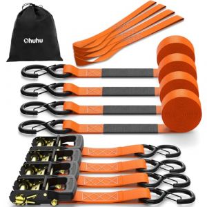 Sangle &agrave; cliquet 4 pi&egrave;ces Resistance 1500kg, Ohuhu 4,6m x 4cm Sangle d'arrimage avec Crochets s&eacute;curis&eacute;s et plastifi&eacute;s et 4 Boucles Souples id&eacute;al arrimage Transport Bagages, Meubles, remorque (TSMART, neuf)