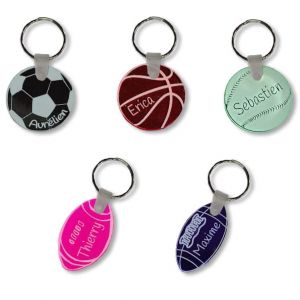 Porte-clés sportif gravure texte personnalisé, 5 formes disponibles (Foot, basket, tennis, rugby et football américain) et coloris au choix (Noir, bleu, rouge, transparent et rose) (patrickgravure, neuf)