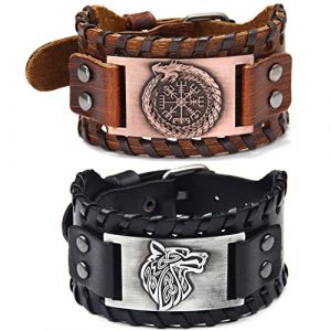 Viking 2 Pièces Bracelet Rune Boussole Marron et Tête de Loup Noir - en Cuir Tressé Fait à la Main - Noeud Celtique Nordique Vintage pour Femmes et Hommes (SHUYUAN, neuf)