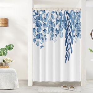 Uiiooazy Rideau Douche Bleu, Rideau de Douche Anti Moisissure 150x200cm Feuilles d'eucalyptus Fleuri Aquarelle Rideaux de Baignoire Tissu Lavable Imperm&eacute;able Rideaux Salle de Bain avec 10 Crochets (dongguibinjingpinxiaodianpu, neuf)