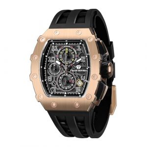 TSAR BOMBA Montre Homme Montre de Luxe Etanche 50M Tonneau Analogique Chronometre Squelette Carrée Grand Cadran Plongee Sport Montres Mouvement Japonais Bracelet Silicone Miroir Saphir Lumineux, Noir, (TSAR BOMBA OFFICIAL STORE, neuf)