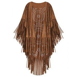 Minetom Poncho Femme R&eacute;tro Ouvert Ch&acirc;le Poncho Cape Cardigan Kimono Cover Up Wrap Veste Manteau Garniture &agrave; Franges Marron Taille Unique (Mon Bon Coup FR, neuf)