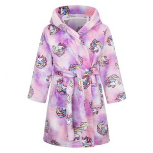 Baogaier Robe de Chambre Filles Peignoir de Bain à Capuche Licorne Arc-en-ciel Violet Enfants Doux Pyjamas Vêtements de Nuit Adolescent Polaire avoir Ceinture et Poche Loungewear 4-5 Ans (Baogaier, neuf)