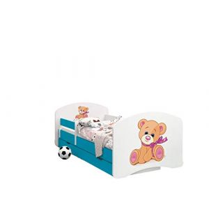 Happy Babies - LIT D'ENFANT DOUBLE FACE AVEC TIROIR Design Moderne Avec Bords S&ucirc;rs et Matelas en Mousse Antichute 7 cm Bleu (Ours Peluche avec Noeud, 140x70) (EuroTrip, neuf)