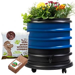 WORMbox | Lombricomposteur 3 Plateaux Bleu + Jardinière + 250gr de vers de Compost + 1 Bloc Coco | 48 litres | Compostez Vos déchets organiques, Les vers de Terre/lombrics/lombricompost (Ferme du Moutta, neuf)