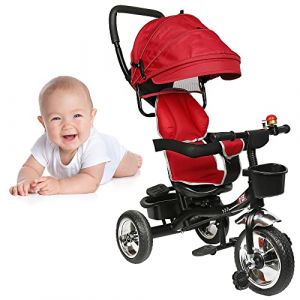 Tricycle Bébé Évolutif 4 en 1, Tricycle Bébé Évolutif avec Poignée de Poussée Réglable, Canne, Cloche et Rétroviseurs, Harnais de Sécurité 9 Mois à 5 Ans, Velo Bebe (Rouge) (hlang EU, neuf)