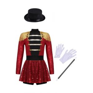 Lejafay Costume Majorette Tambour Pour Filles Maillot Cirque Singe Brillant Danse Manches Longues Avec Franges Et Chapeau Et Gants Baguette Magique Déguisement Rouge 11-12 ans (Lejafay Store, neuf)