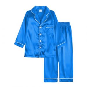 Verve Jelly Ensemble pyjama en satin pour garçon et fille pyjama en soie manches longues chemise pantalon long enfant 2 pièces nuit button-down 120 bleu 2 4-5 ans (kuersi eu, neuf)