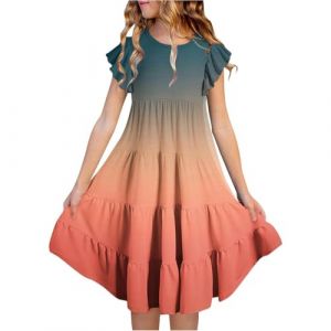 SoLu DAY8 Robe Princesse Ado Fille Ete sans Manches à Volants Couleur Dégradée Robe Tunique Enfant Fille Chic et Elegant Léger Fluide Casual Soirée Ceremonie Vacances 6-15 Ans (Orange, 12-13 Years) (SoLu DAY8, neuf)