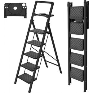 HBTower Escabeau 5 Marches Pliable avec Plateau à Outils, Marchepied Compact, Cadre en Acier Robuste, Charge Maximale 150 kg, Portable pour Maison et Cuisine (KANGQIAN-EU, neuf)