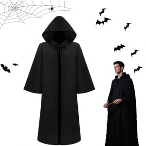 PTBWS Cape à Capuchon Noire Adulte, Déguisement pour Halloween, Cape à Capuche Noire pour Halloween, Costume Cape avec Capuche Cape Sorcier pour Halloween Carnaval, XL (yun zheng cun, neuf)