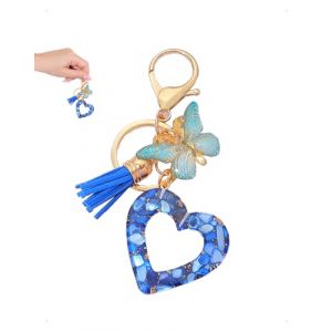 SanKristo Porte-cl&eacute;s en R&eacute;sine C&oelig;ur Ajour&eacute; avec Bleus Paillettes Forme C&oelig;ur, Pendentif Papillon et Gland en Tassel Boucle M&eacute;tallique, Cadeau Kawaii Sac Attache Porte-cl&eacute; pour Femmes et Filles (O&Uuml; ESTFOXGG, neuf)