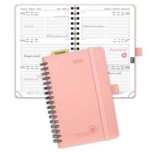POPRUN Agenda de Poche 2026 A6 Semainier 16 x 10,5 cm - Couverture Souple en PU Cuir Spirale, Petit Agenda, D'Jan 2026 à Déc 2026-12 Mois, Règle signet, Papier 100 g/m², Rose (Time Works Wonders, neuf)