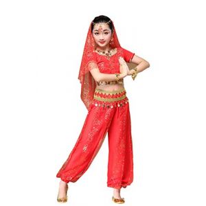 FEOYA Costume Danse Orientale Enfant Tenue Danse Indienne Bollywood Fille Enfant 5 pcs Top+Sarouel+Ornement de Tête+Foulard+Ceinture 3-11 Ans (Rouge, 6-8 Ans) (GAOCHENGEU, neuf)