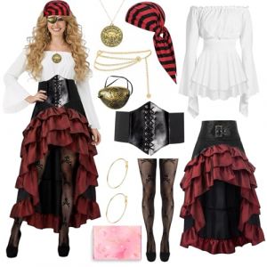 COYBTO Deguisement Pirate Femme, Robe M&eacute;di&eacute;vale avec Accessoires de Pirate, Costume Carnaval Femme avec Chemise Robe M&eacute;di&eacute;vale, Costume Pirates pour Halloween Cosplay F&ecirc;te (2, L) (CRSTREAM, neuf)