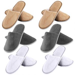 Lot de 6 paires de pantoufles d'hôtel : taille universelle 28,5 x 11,5 cm Pantoufles en tissu éponge avec fermés, lavables, antidérapantes, non tissées corail, orteils pour hôtel, voyage, maison (KAROULLA, neuf)