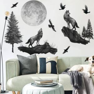 Runtoo Stickers muraux loup et lune - Animaux de la forêt noire - Pour chambre d'enfant, chambre à coucher, salon (Decalplanet-EU, neuf)