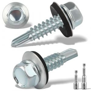 Lot de 120 vis à tôle trapézoïdale auto-taraudeuses avec rondelle d'étanchéité 4,8 x 19 mm + 2 douilles hexagonales M8, vis Spengler, galvanisées, vis de toit en métal, argentées (Guanghanzhai Trading, neuf)